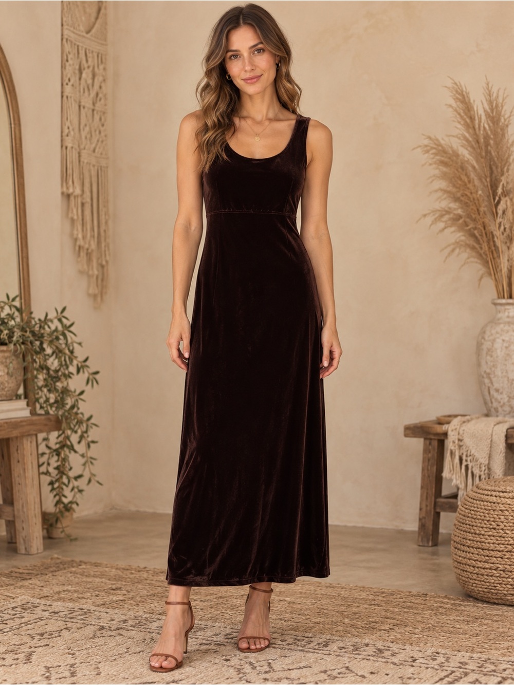 Rabbit Brown Velvet Midi Dress
